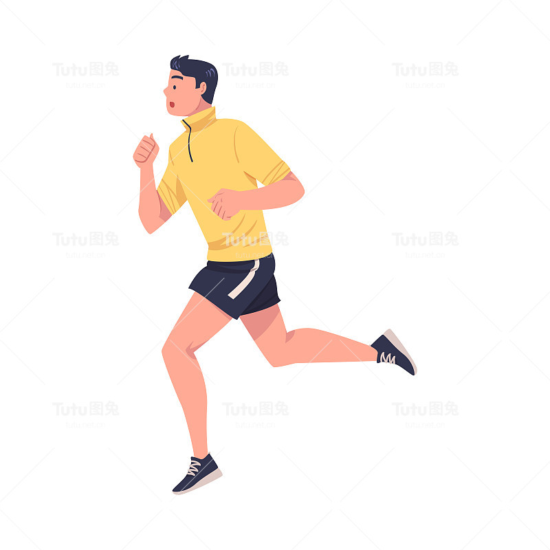 Man Character Running in运动服和运动鞋从事运动训练和训练矢量插图