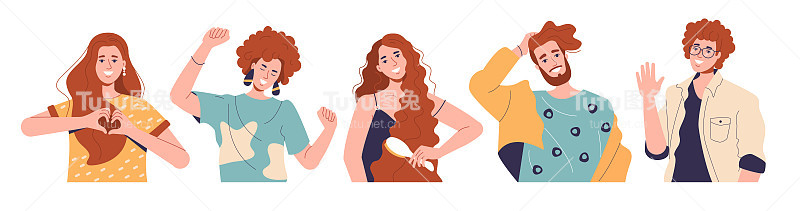 红头发的男孩和女孩都很开心，微笑着。女人和男人都是红头发。年轻人穿时髦衣服的朋友
