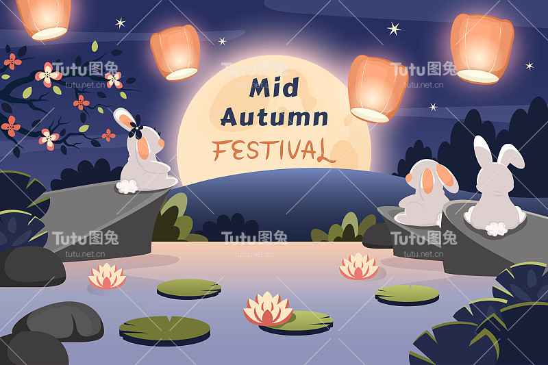 中秋节快乐。可爱的兔子看着月亮和中国灯笼。