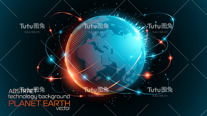 黑色蓝色科技未来背景。抽象的向量。日出。地球轨道上的卫星和火箭。血浆能量凝块。带有闪烁粒子的发光射线科学和技术。