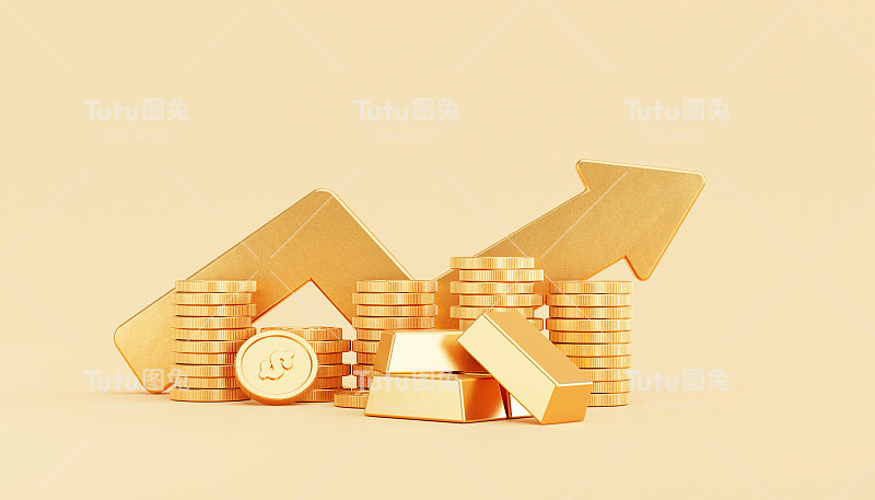 金成长箭带有金币钱栈和金条商业和金融储蓄投资概念背景3D插图