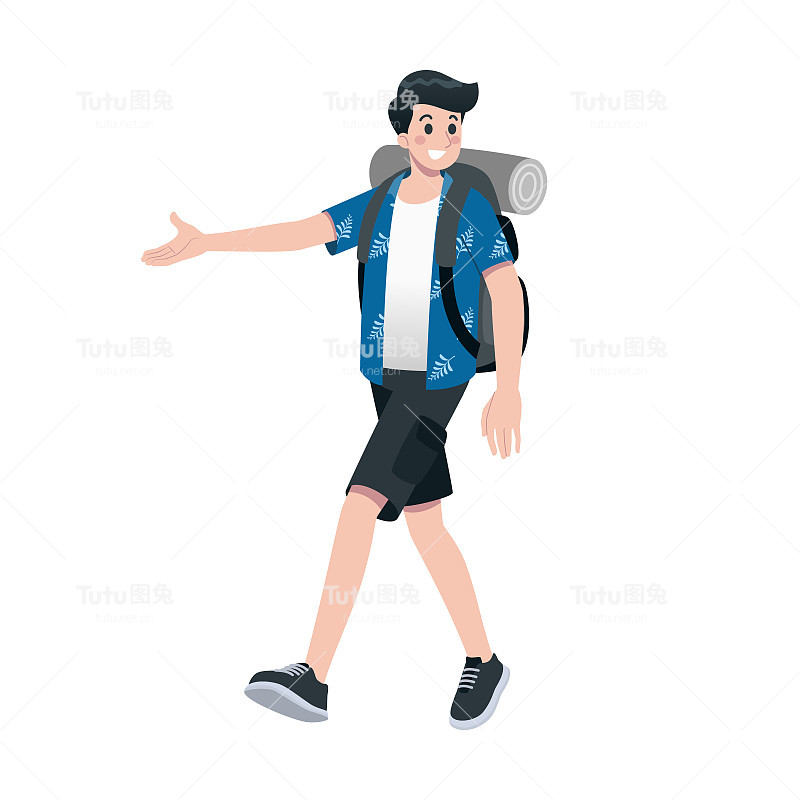 青年快乐的人旅游平卡通人物。旅行男人们在暑假旅行，孤立在白色的背景。