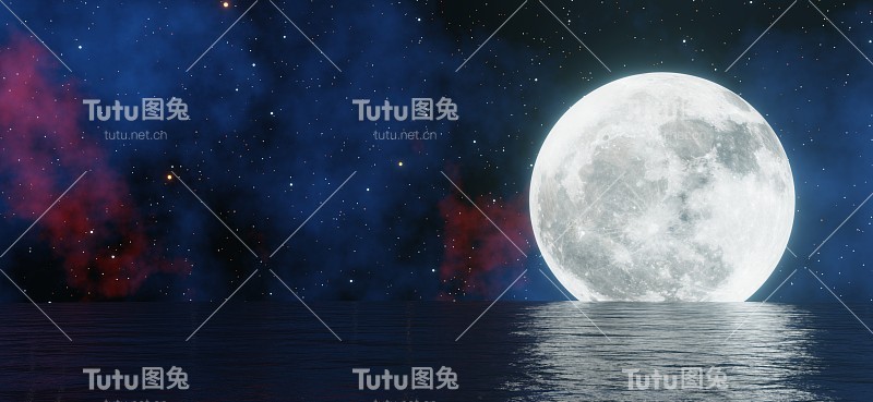 大月亮在海的后面闪耀着星星和彩云