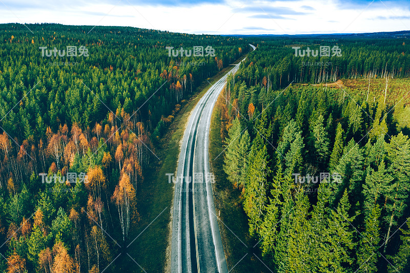 鸟瞰图的道路与汽车通过秋天的树林与绿色和黄色的树在芬兰。