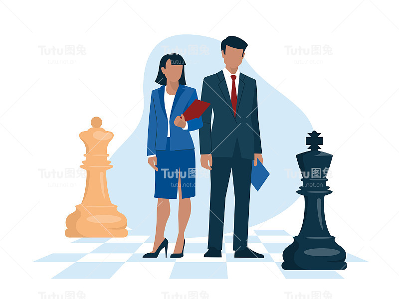 策略。商务人士和国际象棋站在一个棋盘上。女人和男人在商务西装。办公室职员，工人，学生，老师。