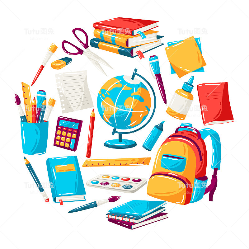 学校背景及教育项目。用品和文具插图。