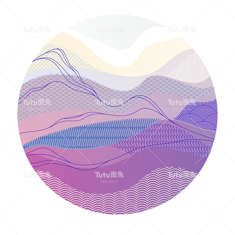 抽象的东方日本艺术以圆形矢量为背景，传统风格的设计，起伏的形状和山脉地形景观，奔流似海的线条。