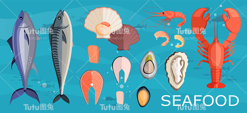 金枪鱼，龙虾，牡蛎，贻贝，蓝色背景的虾。鱼制品、海鲜配方食材