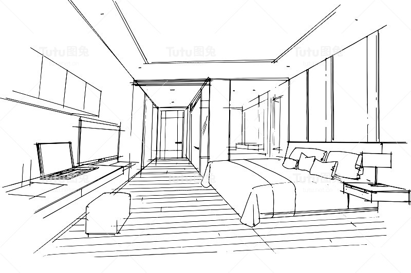线条画卧室。现代设计，矢量，2d插图