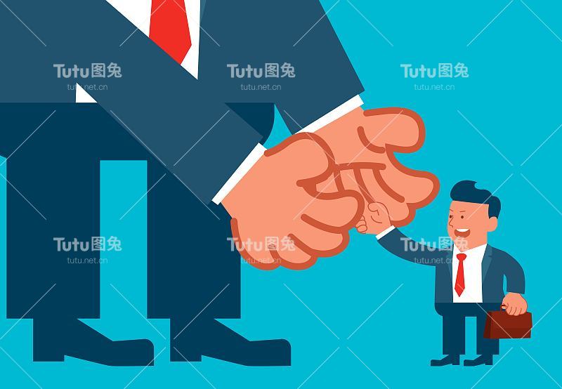 小商人和大商人握手，大商人帮助小商人，生意伙伴关系和生意友谊