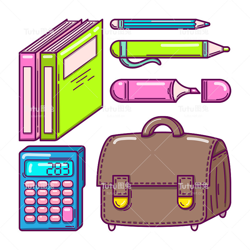 一套鲜艳多彩的文具。供孩子学习的教育用品。