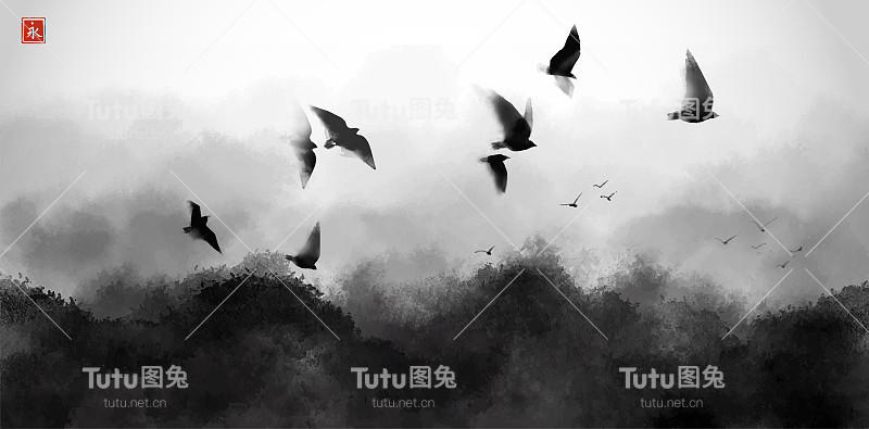一群黑色的大鸟飞过波涛汹涌的海面。传统的东方水墨画，眉娥，宇仙，郭华。象形文字的翻译——永恒