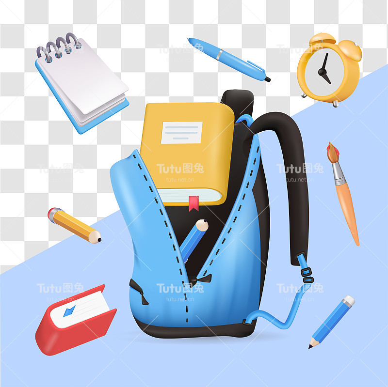 教育，装着铅笔，书，笔记本的书包。学习，3d图标学习。
