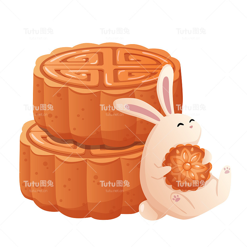 可爱的兔子吃着美味的月饼。