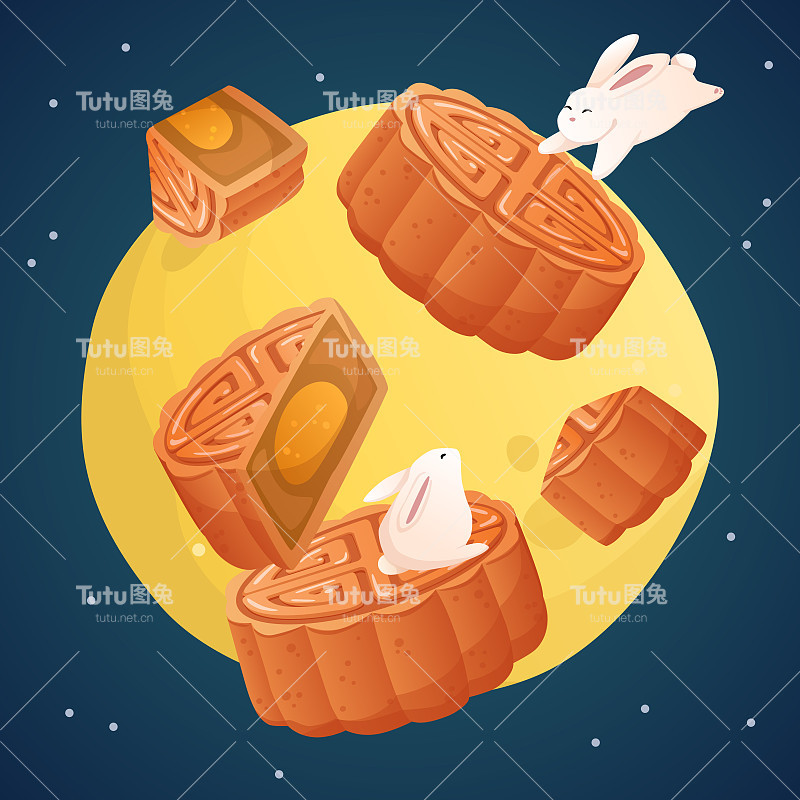 亚洲秋天的节日。中秋快乐插图横幅。可爱的兔子在晚上吃着美味的月饼，看月亮