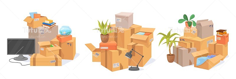 堆栈框。搬家多纸板箱用于存放家庭物品衣物家具，纸板箱包裹包装搬家搬迁新公寓办公室，整齐矢量插图