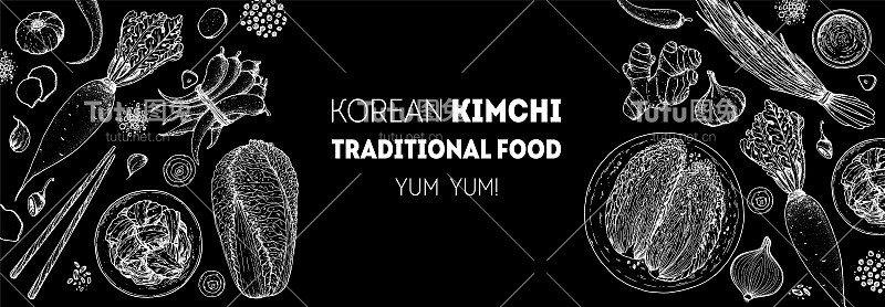 泡菜烹饪及泡菜配料，素描插图。韩国菜。健康食品，设计元素。手绘、包装设计。亚洲食物