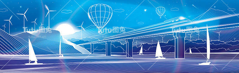 白色轮廓霓虹灯发光插图。从河流到夜晚的城市。热气球飞过群山。游艇在水面上。火车在铁路桥上行驶。蓝底白线。
