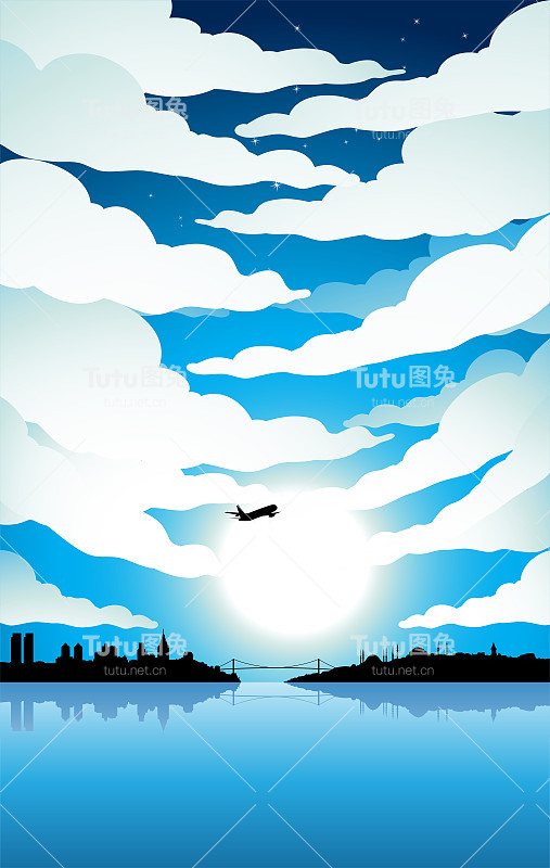 蓝色多云天空下的伊斯坦布尔剪影和明亮的月亮