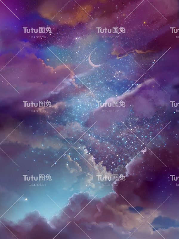一弯新月在五彩缤纷的空间和一个美丽的彩虹云海和星星的梦幻插图