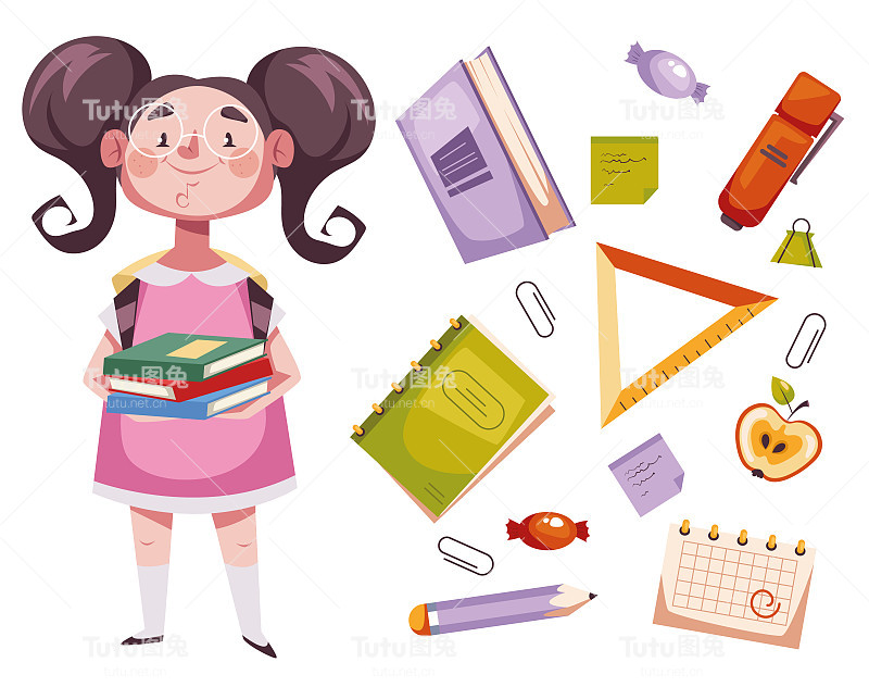 学校的孩子孩子学生学生教育用品隔离在白色背景设置。矢量设计图形元素插图