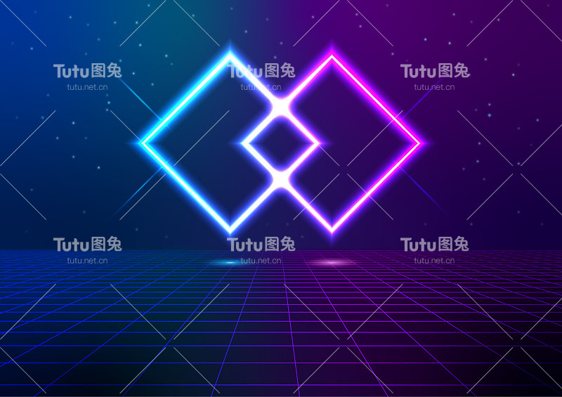 网格地板上霓虹发光浮动广场赛博朋克未来抽象背景