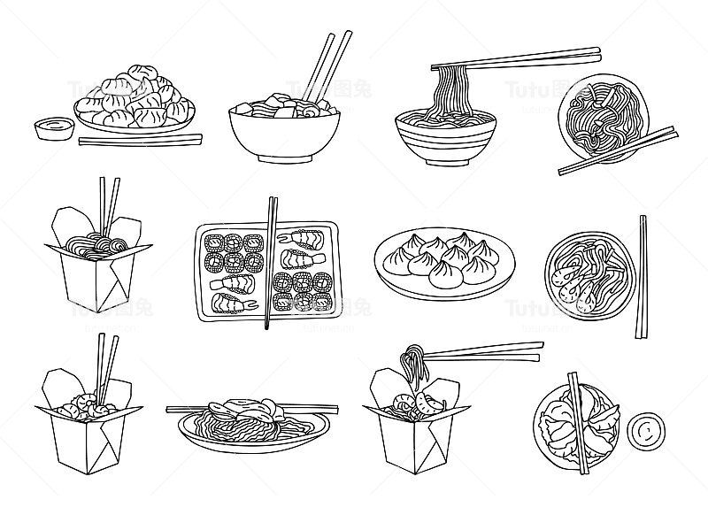中国食品涂鸦插图设置在矢量。日本食品在vector。手绘中国美食涂鸦插图设置。手绘日本食品图标设置。