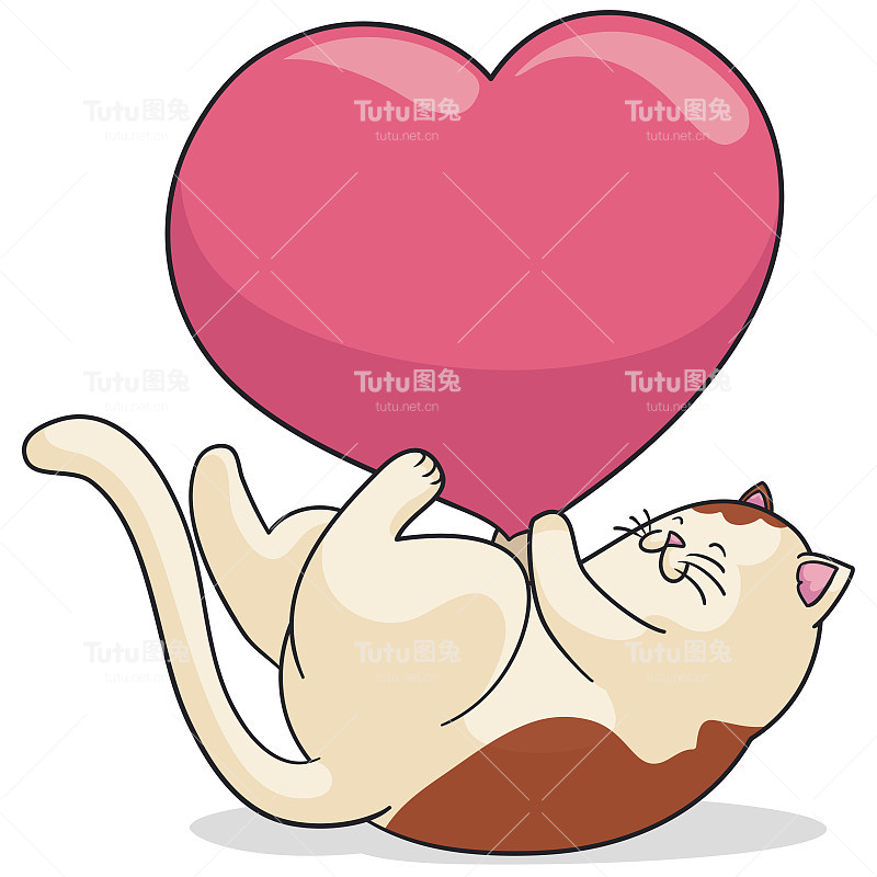躺着的猫玩一个大心脏，矢量插图