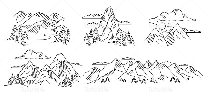 山的风景。线素描。插图集。矢量可编辑轮廓笔画粗细。