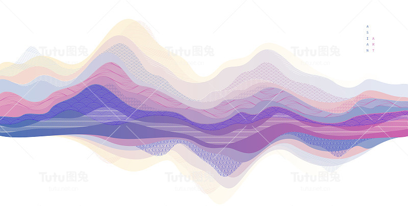 东方日本风格的矢量抽象插画，亚洲传统风格的背景，波浪形状和山脉地形，像海的线流动。