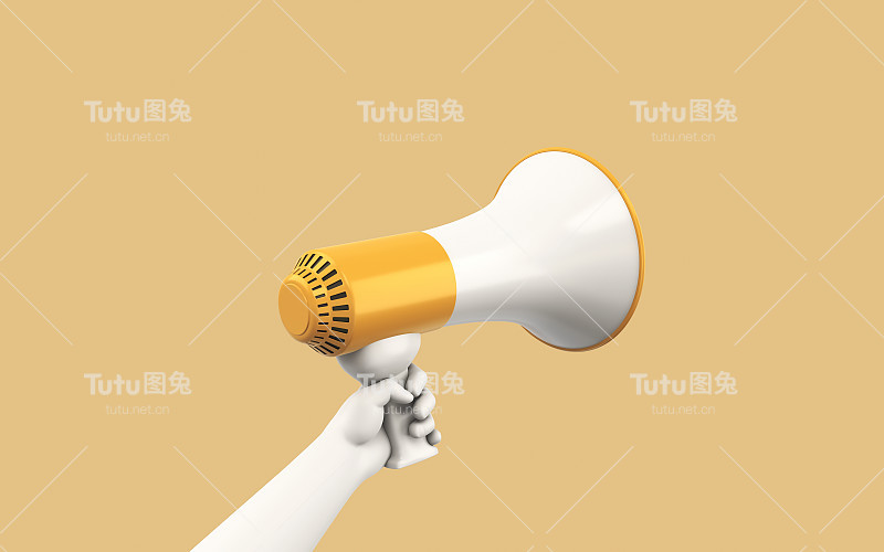 扩音器在白色男性手在黄色背景，黄色和白色的颜色