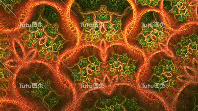 抽象分形艺术背景。红色、绿色和黄色的形状无限重复的复杂图案