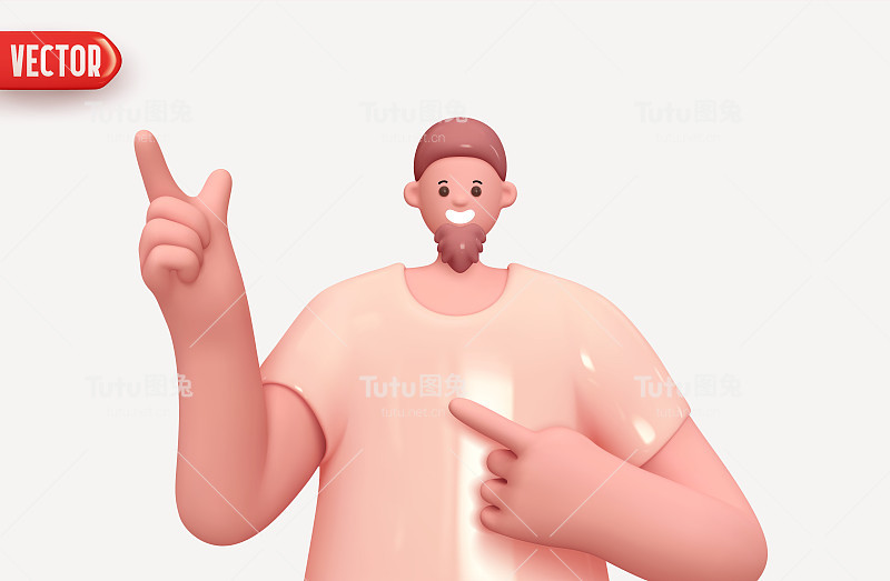 快乐开朗的年轻人摆出竖起大拇指的手势。年轻帅气的男孩穿着休闲装。现实的卡通人物。近距离观察3d人。矢量图