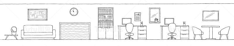 办公室图文黑白室内素描长插图矢量