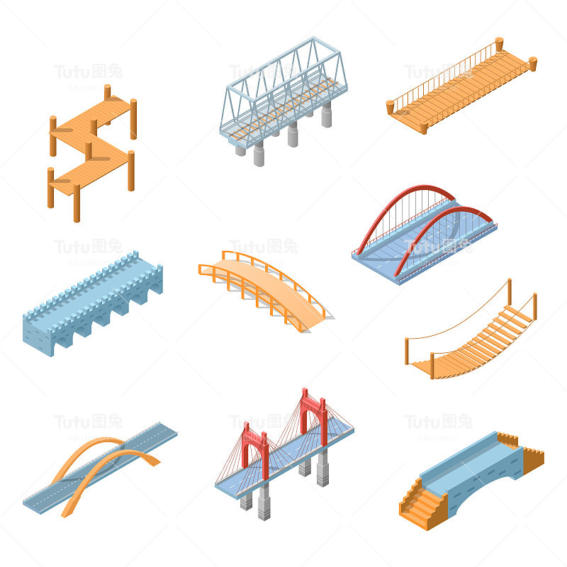 集合抽象集合等距三维桥梁城镇城市基础设施孤立矢量设计风格
