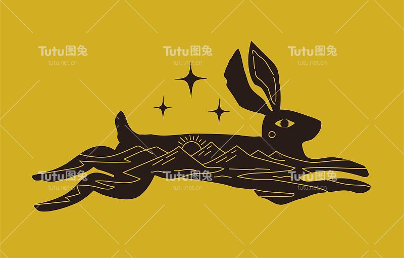 矢量插图与奔跑的兔子或野兔与山景观在里面。