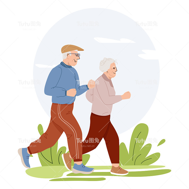 活跃的退休。老夫妇花时间在户外。矢量插图卡通快乐的老男人和女人在公园慢跑。