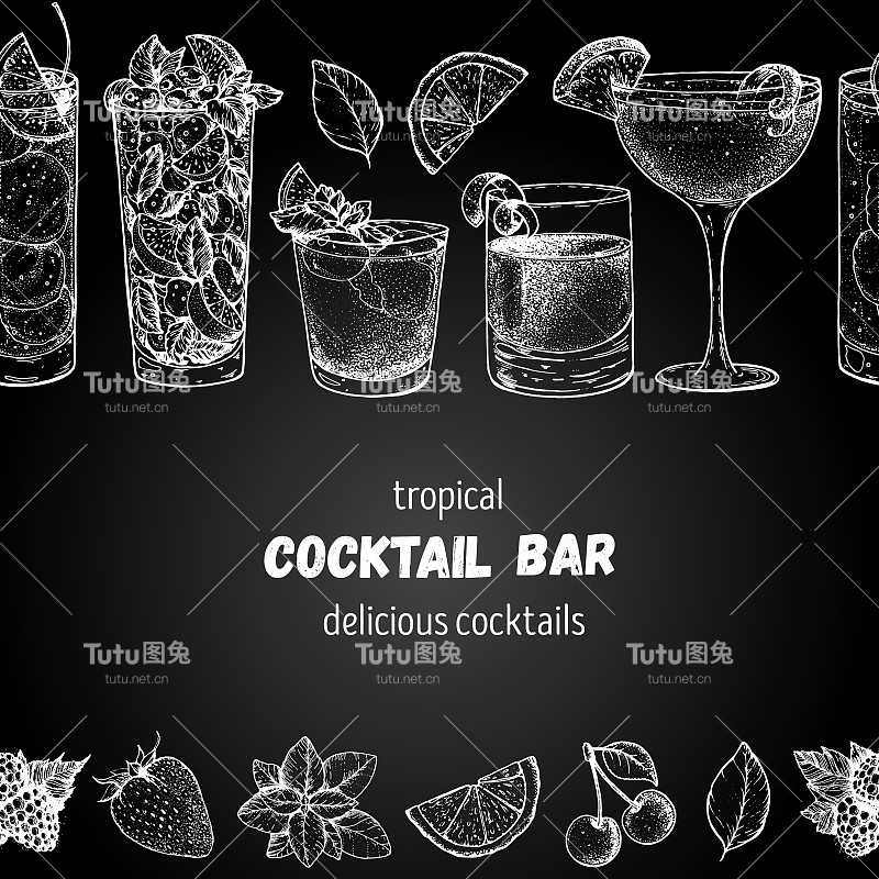鸡尾酒手绘矢量插图。酒精鸡尾酒小品套装。雕刻风格。设计酒吧模板。汤姆·柯林斯，莫吉托，迈泰，萨泽拉克，sidecar。