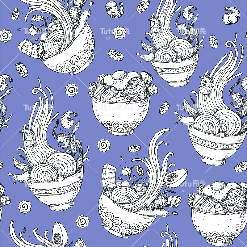 碗面无缝花纹。拉面碗素描背景。亚洲食品。中国菜，韩国菜，日本菜。设计模板。手绘矢量插图。
