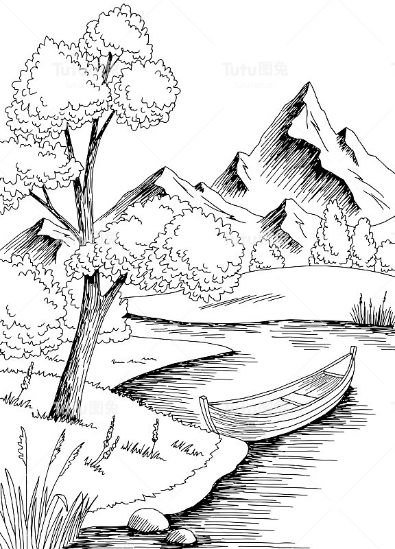 河船图形黑白景观垂直素描插图矢量