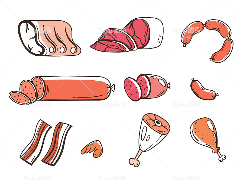 肉鸡肉香肠猪肉牛肉火腿线艺术抽象孤立集集合。矢量图形设计元素插图