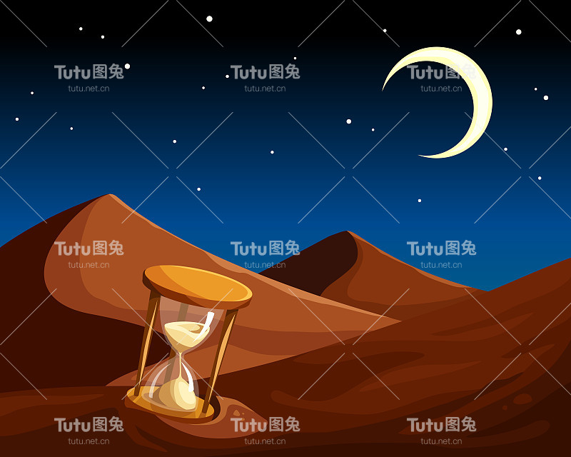 夜晚的阿拉伯沙漠，沙子里有沙漏。矢量图