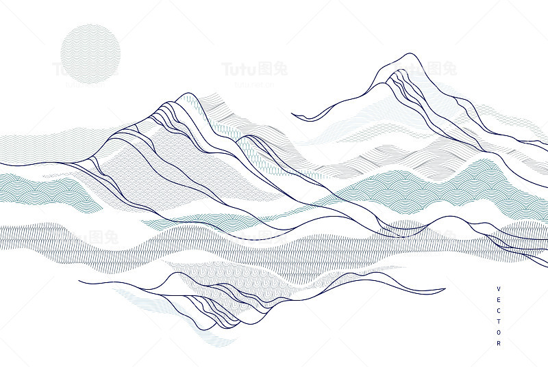 自然艺术东方日本风格的矢量抽象背景，流水般的形状和线条与纹理。