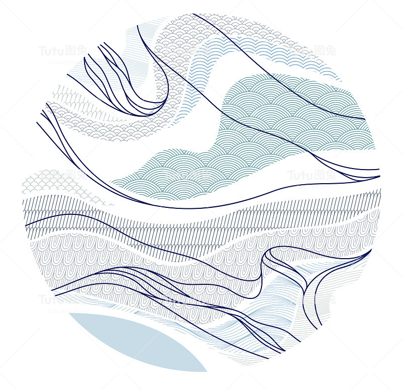东方日本风格的矢量抽象插画在圆形，背景在亚洲传统风格，波浪形状和山脉地形，流动像海线。