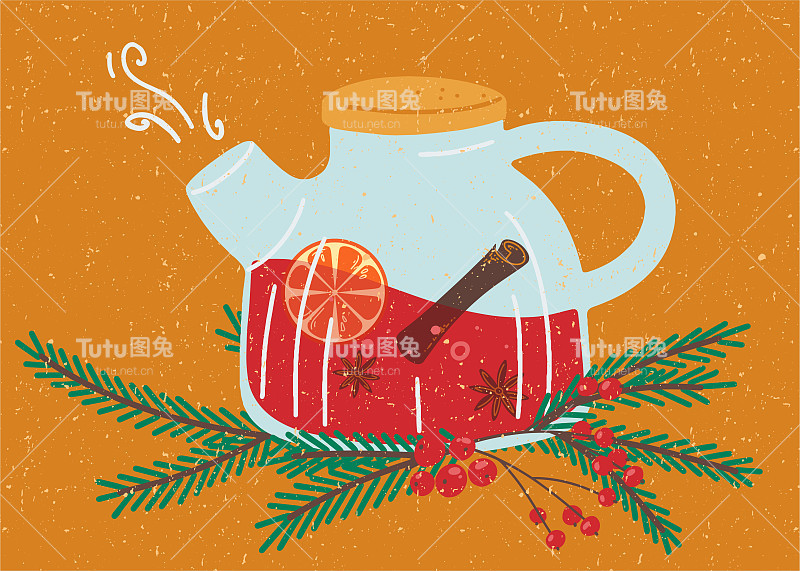 热茶壶和冬天的饮料。香草茶加肉桂，八角和橘子。用圣诞树的树枝泡茶。舒适的圣诞茶。平面风格的矢量插图。