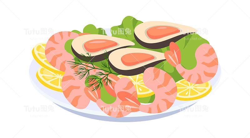 海鲜拼盘菜。矢量图