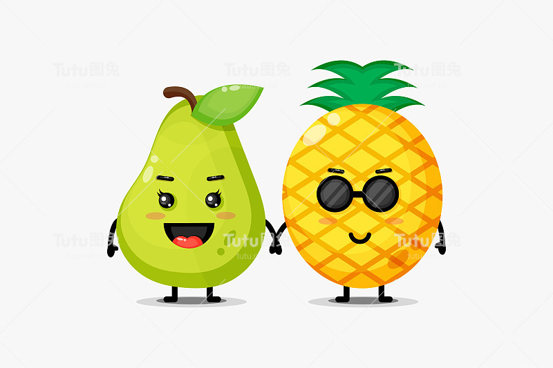 可爱的梨和菠萝吉祥物牵着手