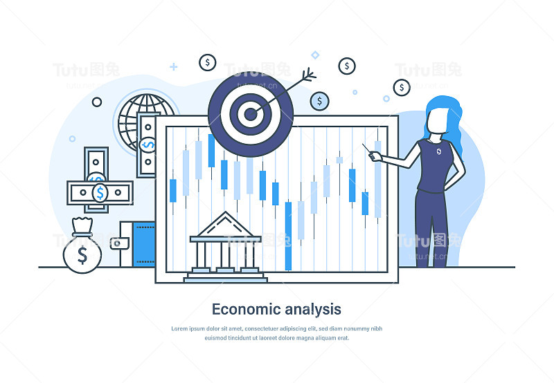 经济分析有效的企业战略对经济系统的研究。数据分析，财务管理，市场调研和会计网页，横幅细线设计