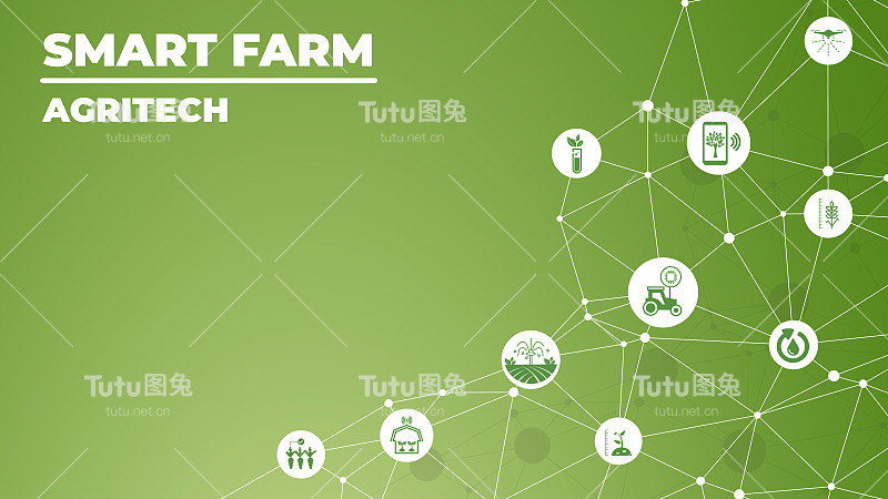 智能农场或农业技术矢量插图。横幅上有与智能农业技术、数字物联网耕作方法和农场自动化相关的连接图标。
