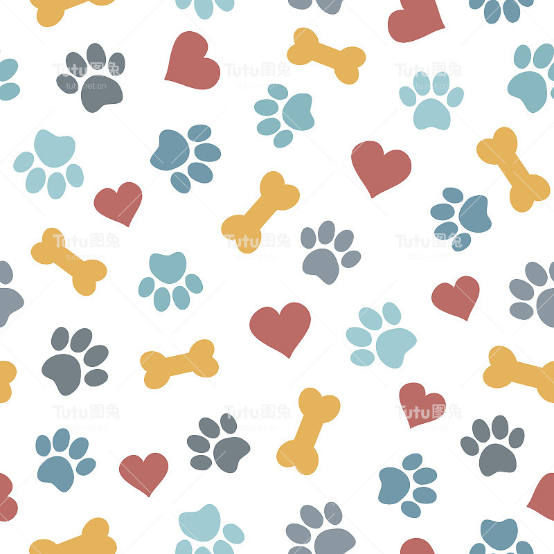 可爱的无缝图案与宠物的爪子，骨头和心脏。白色背景上的矢量插图。